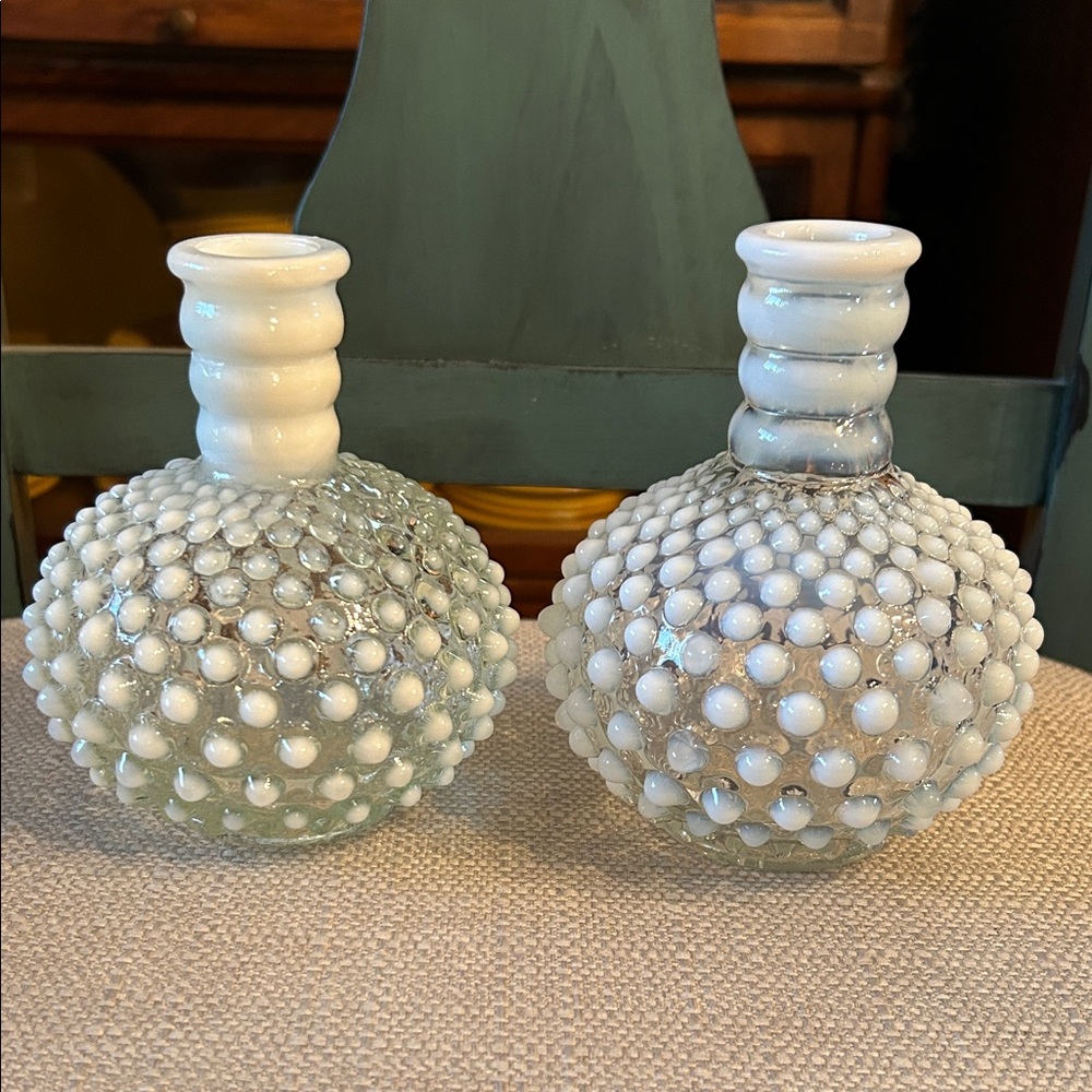 Vintage Fenton Moonstone Opalescent Elegant White Hobnail Glass Perfume Bottles